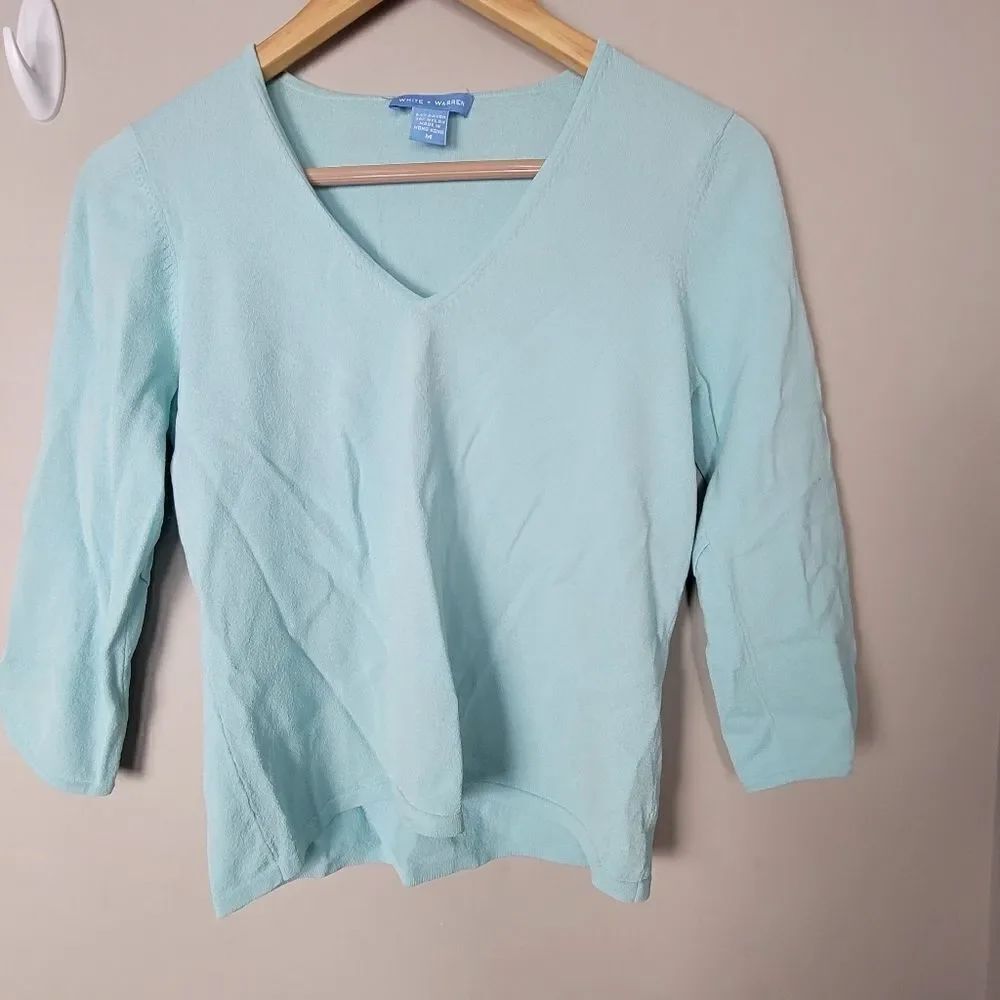 White + Warren V Neck3/4 Sleeves Pullover Blue Medium